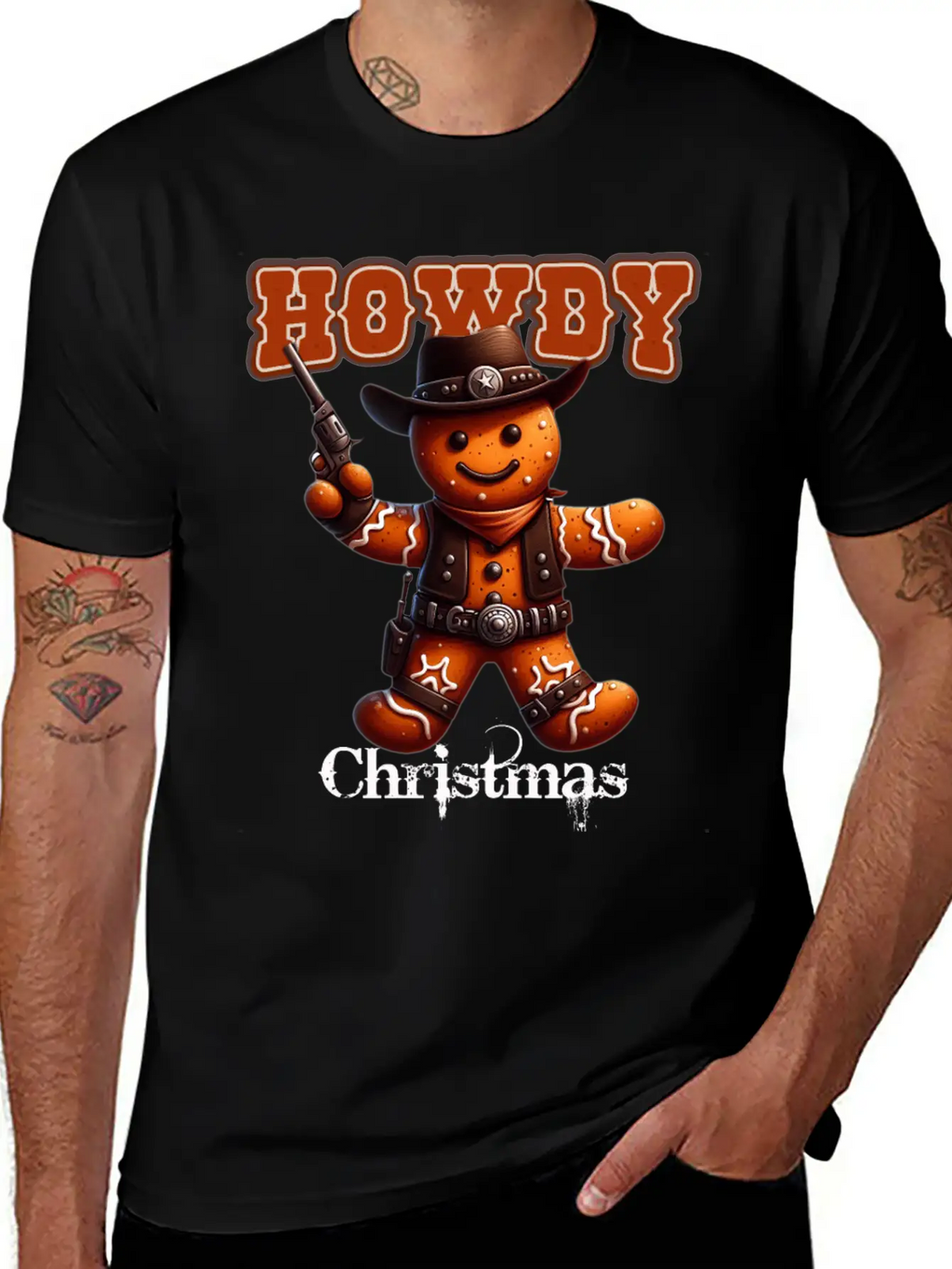 Howdy Christmas Gingerbread Cowboy Festive Western Unisex Short Sleeve Soft Cotton T-Shirt – Casual Everyday Wear