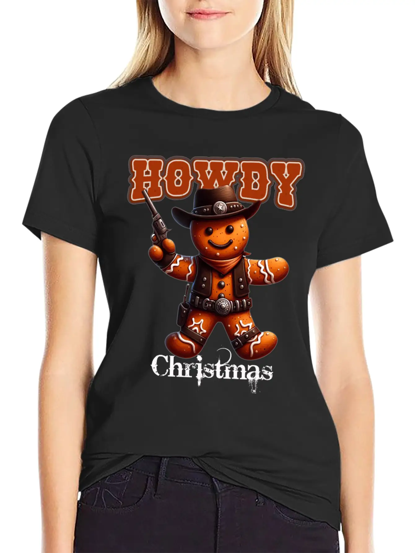 Howdy Christmas Gingerbread Cowboy Festive Western Unisex Short Sleeve Soft Cotton T-Shirt – Casual Everyday Wear