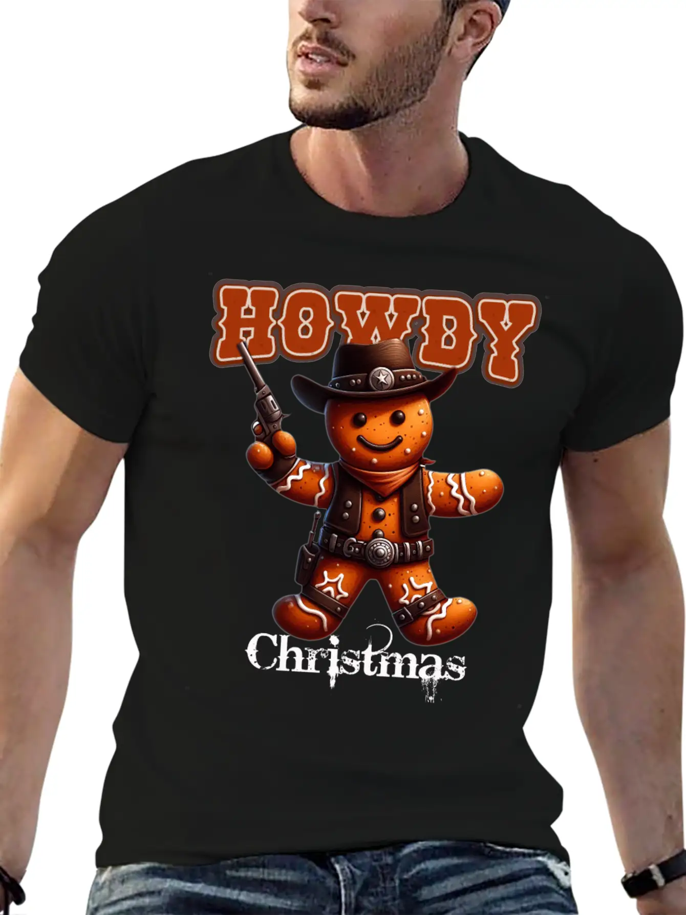 Howdy Christmas Gingerbread Cowboy Festive Western Unisex Short Sleeve Soft Cotton T-Shirt – Casual Everyday Wear