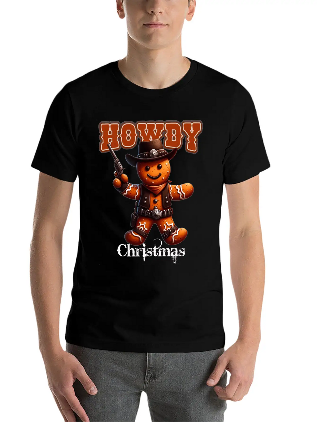 Howdy Christmas Gingerbread Cowboy Festive Western Unisex Short Sleeve Soft Cotton T-Shirt – Casual Everyday Wear