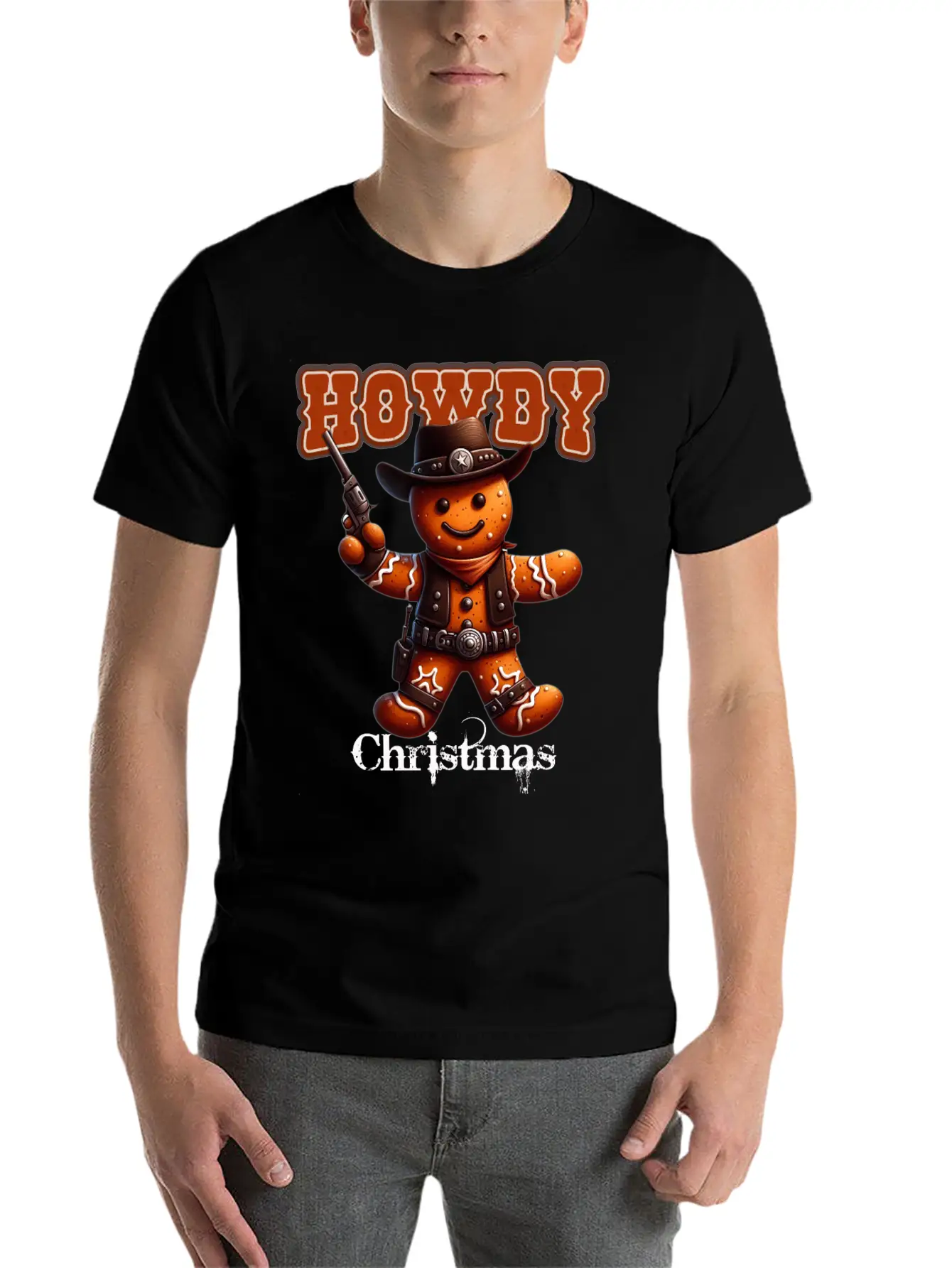 Howdy Christmas Gingerbread Cowboy Festive Western Unisex Short Sleeve Soft Cotton T-Shirt – Casual Everyday Wear