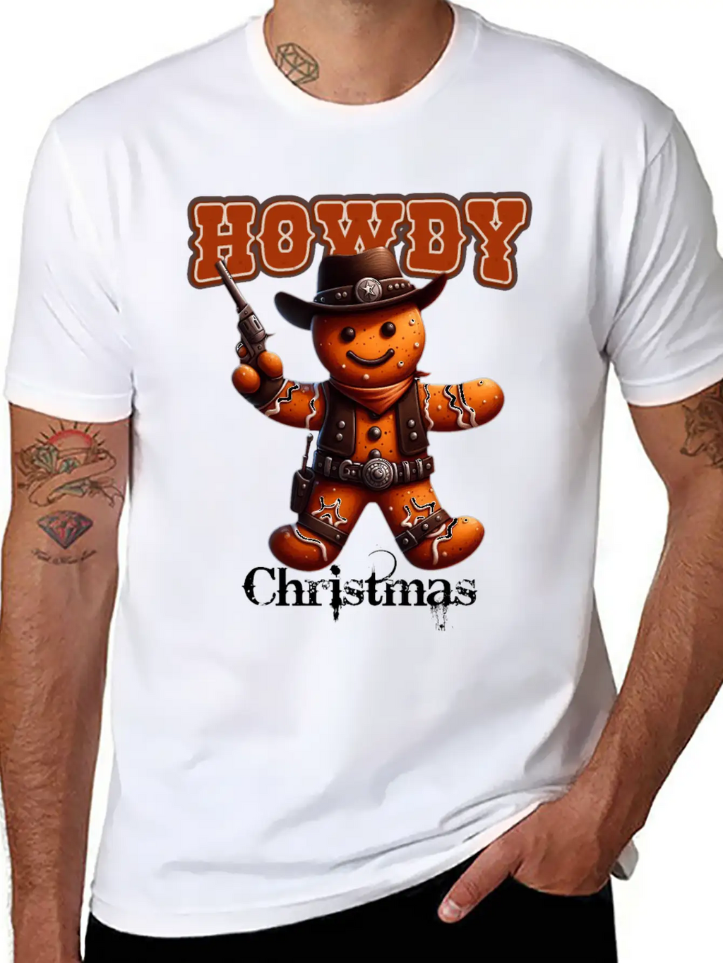 Howdy Christmas Gingerbread Cowboy Festive Western Unisex Short Sleeve Soft Cotton T-Shirt – Casual Everyday Wear