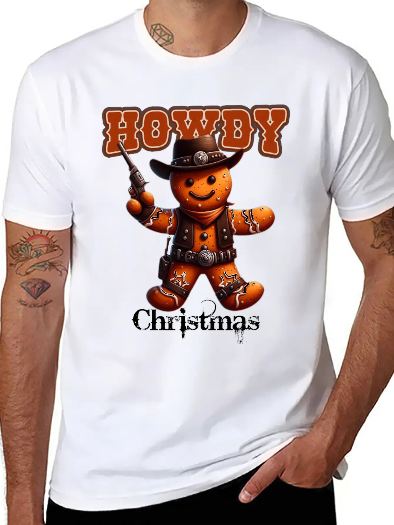 Howdy Christmas Gingerbread Cowboy Festive Western Unisex Short Sleeve Soft Cotton T-Shirt – Casual Everyday Wear