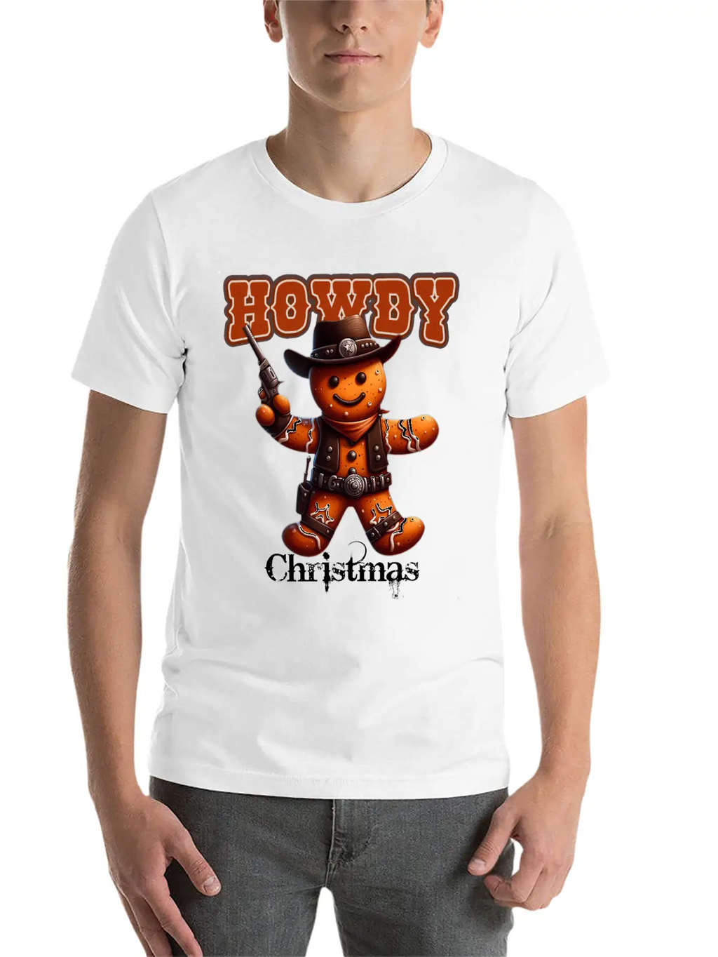 Howdy Christmas Gingerbread Cowboy Festive Western Unisex Short Sleeve Soft Cotton T-Shirt – Casual Everyday Wear