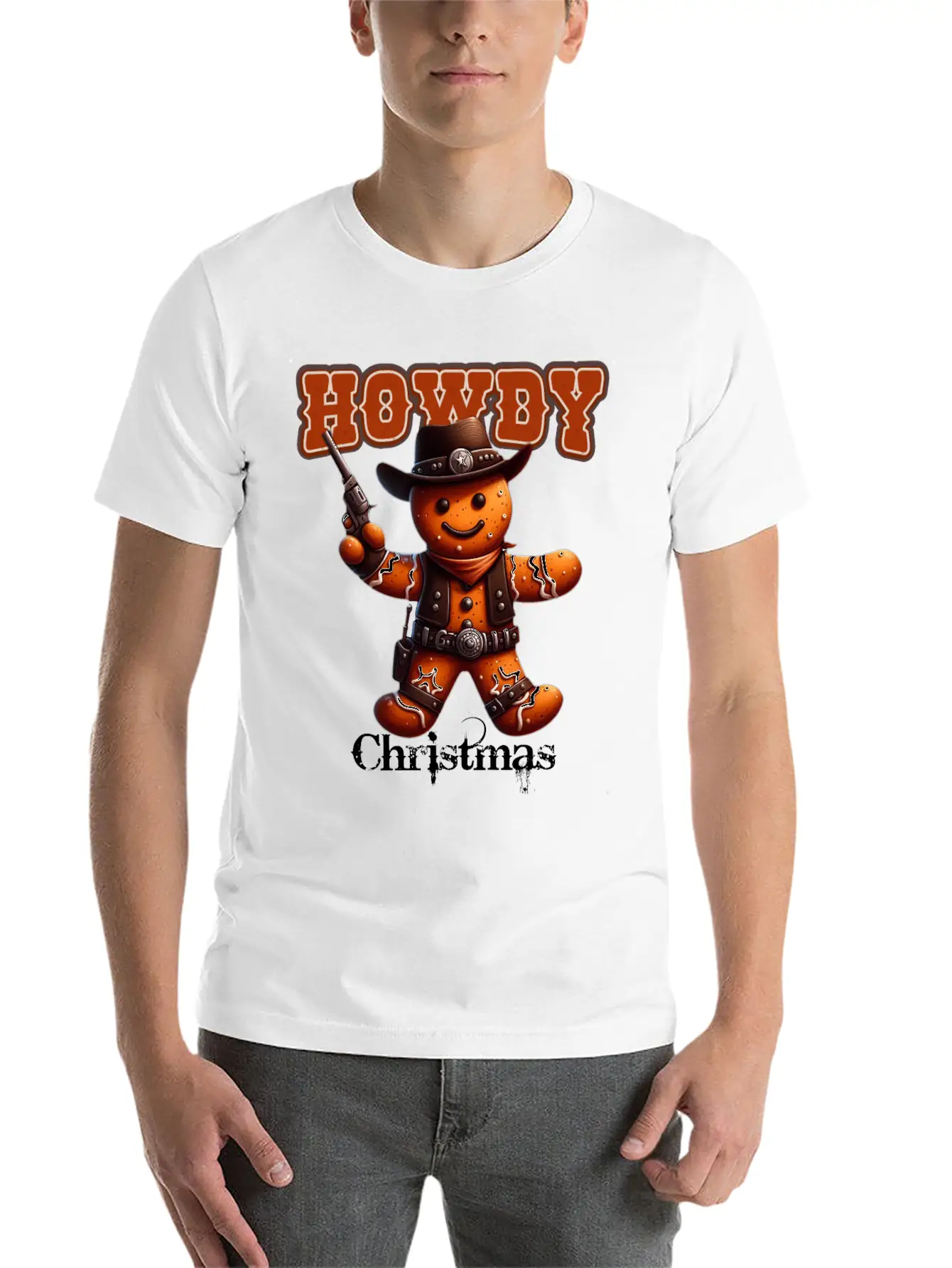 Howdy Christmas Gingerbread Cowboy Festive Western Unisex Short Sleeve Soft Cotton T-Shirt – Casual Everyday Wear