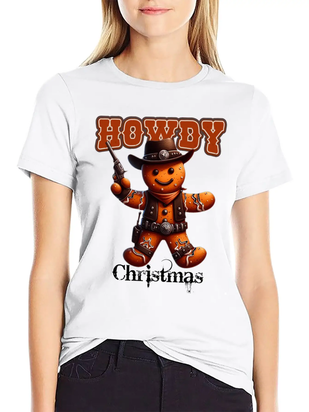 Howdy Christmas Gingerbread Cowboy Festive Western Unisex Short Sleeve Soft Cotton T-Shirt – Casual Everyday Wear