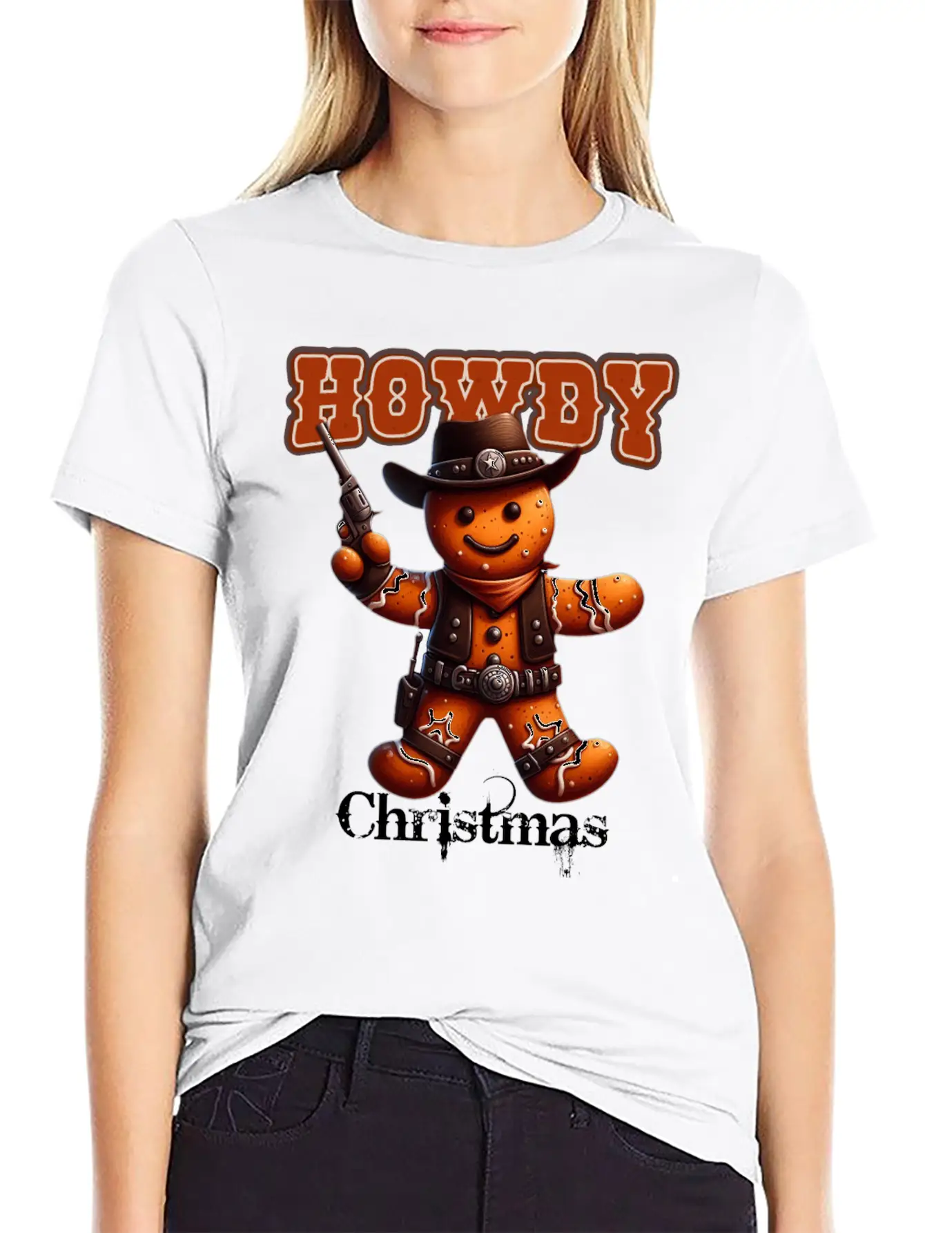Howdy Christmas Gingerbread Cowboy Festive Western Unisex Short Sleeve Soft Cotton T-Shirt – Casual Everyday Wear