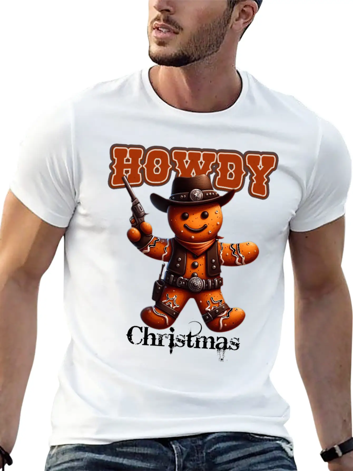 Howdy Christmas Gingerbread Cowboy Festive Western Unisex Short Sleeve Soft Cotton T-Shirt – Casual Everyday Wear