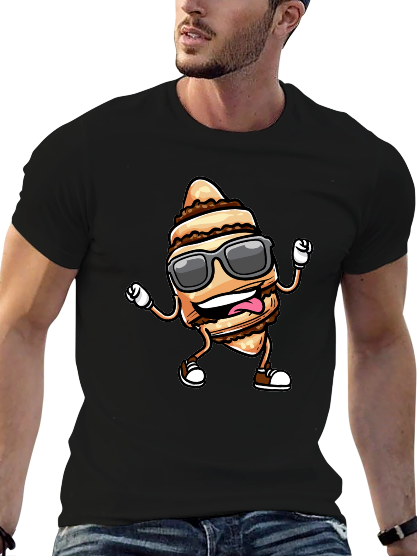Funny Cream Horn Cartoon Black T-Shirt