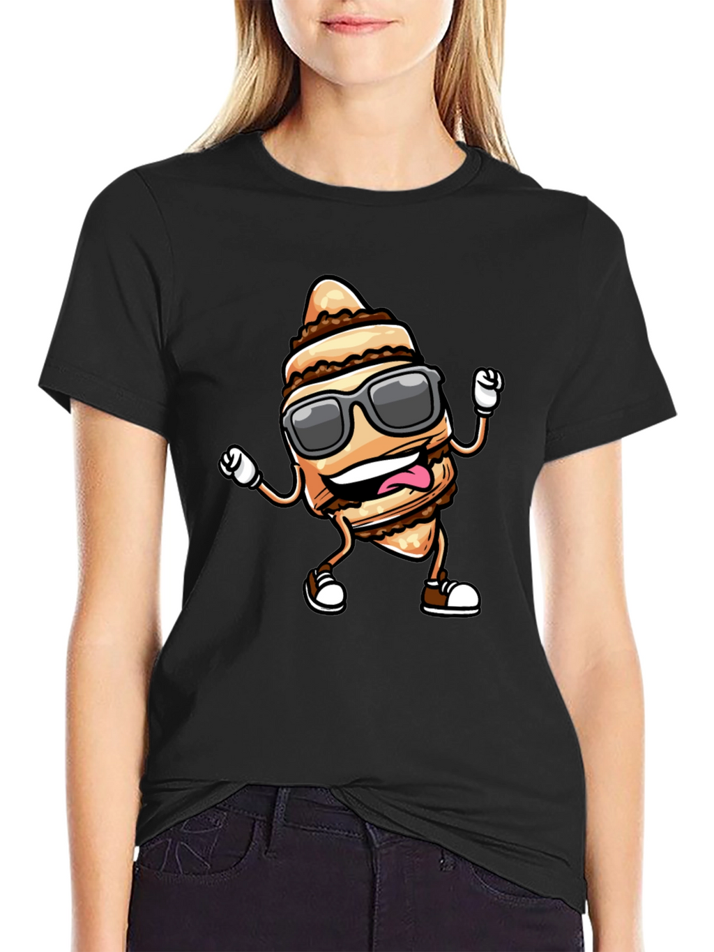 Funny Cream Horn Cartoon Black T-Shirt