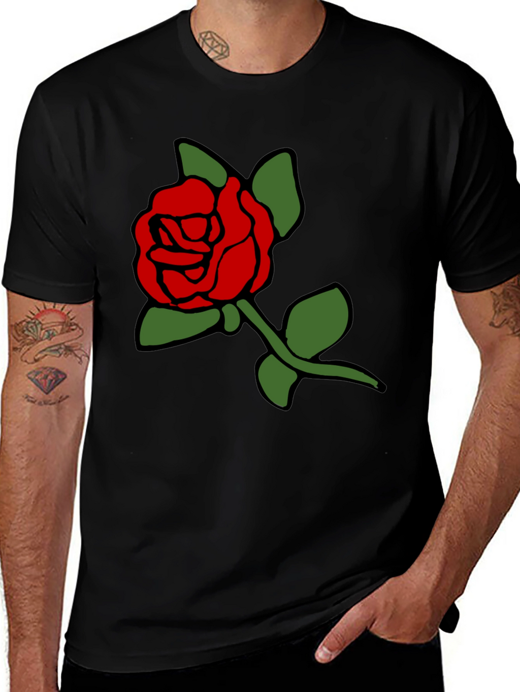 Black T-Shirt with Bold Red Rose Graphic
