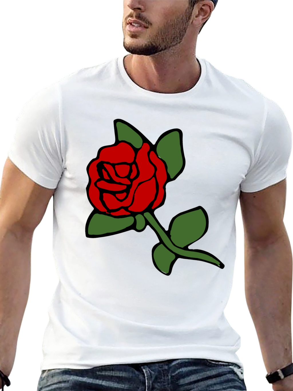 Black T-Shirt with Bold Red Rose Graphic