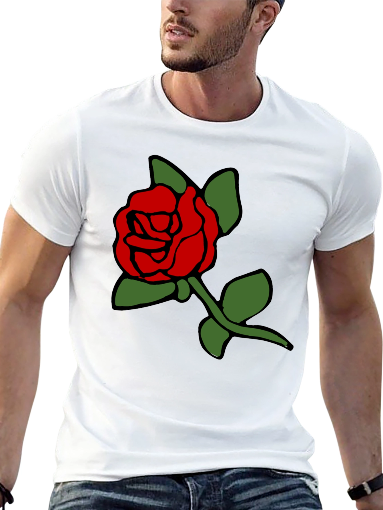 Black T-Shirt with Bold Red Rose Graphic