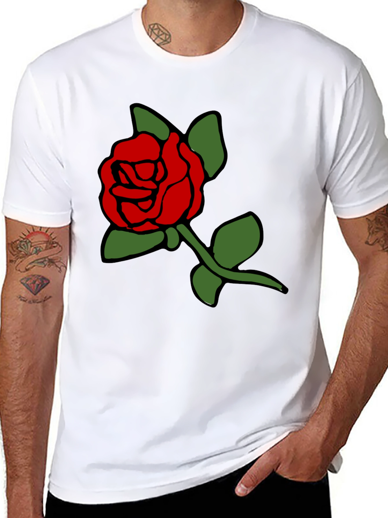 Black T-Shirt with Bold Red Rose Graphic