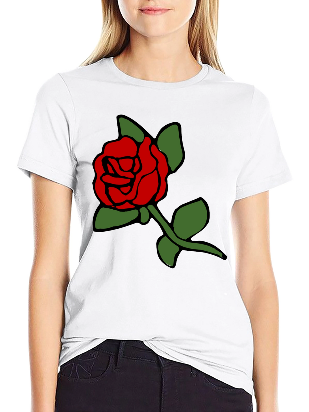 Black T-Shirt with Bold Red Rose Graphic