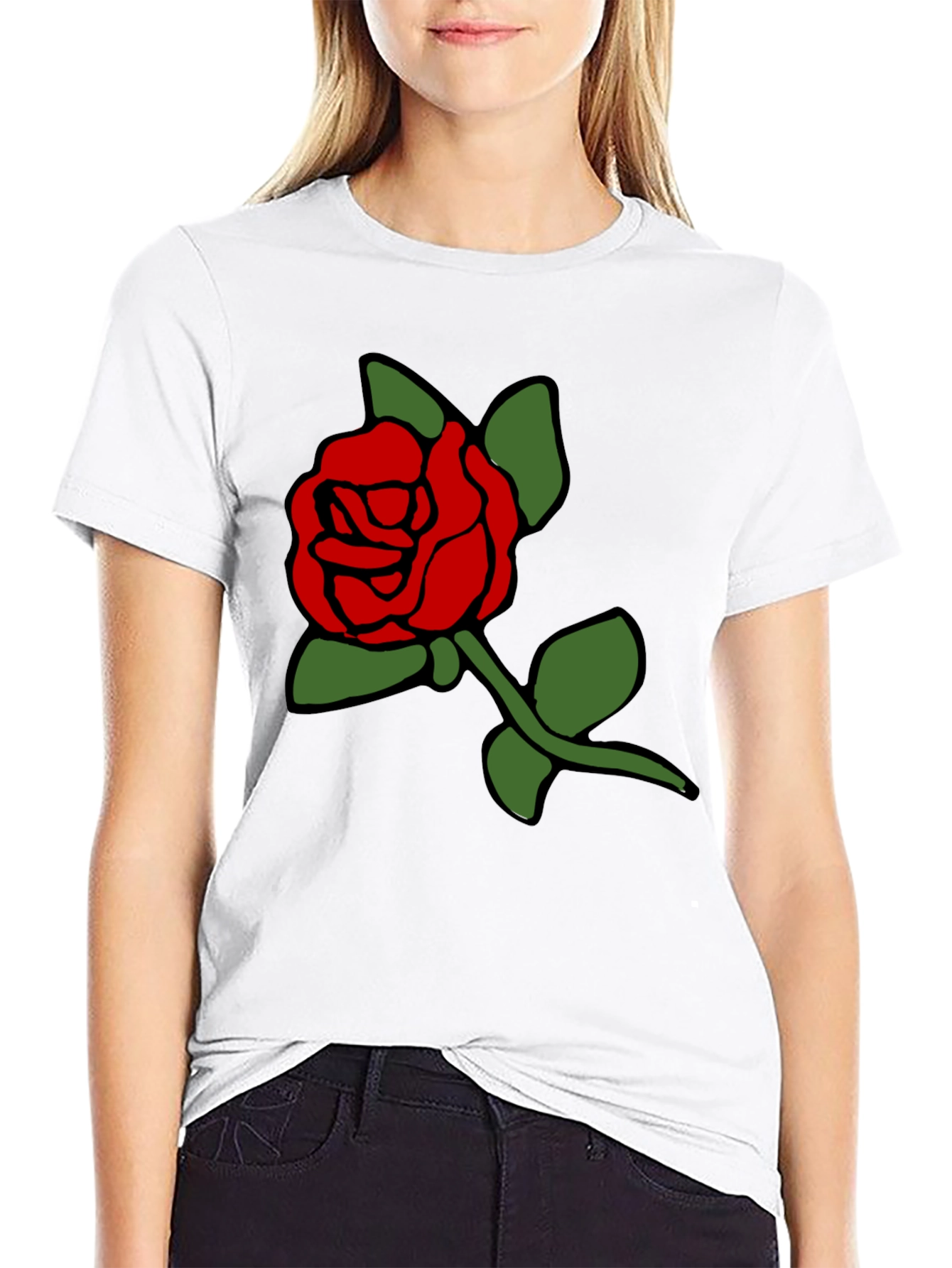 Black T-Shirt with Bold Red Rose Graphic