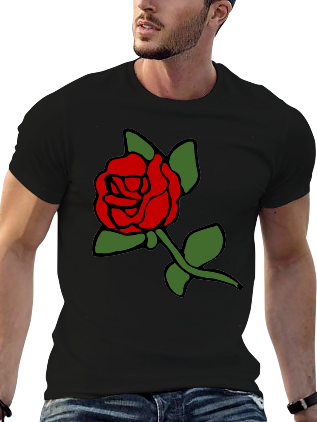 Black T-Shirt with Bold Red Rose Graphic
