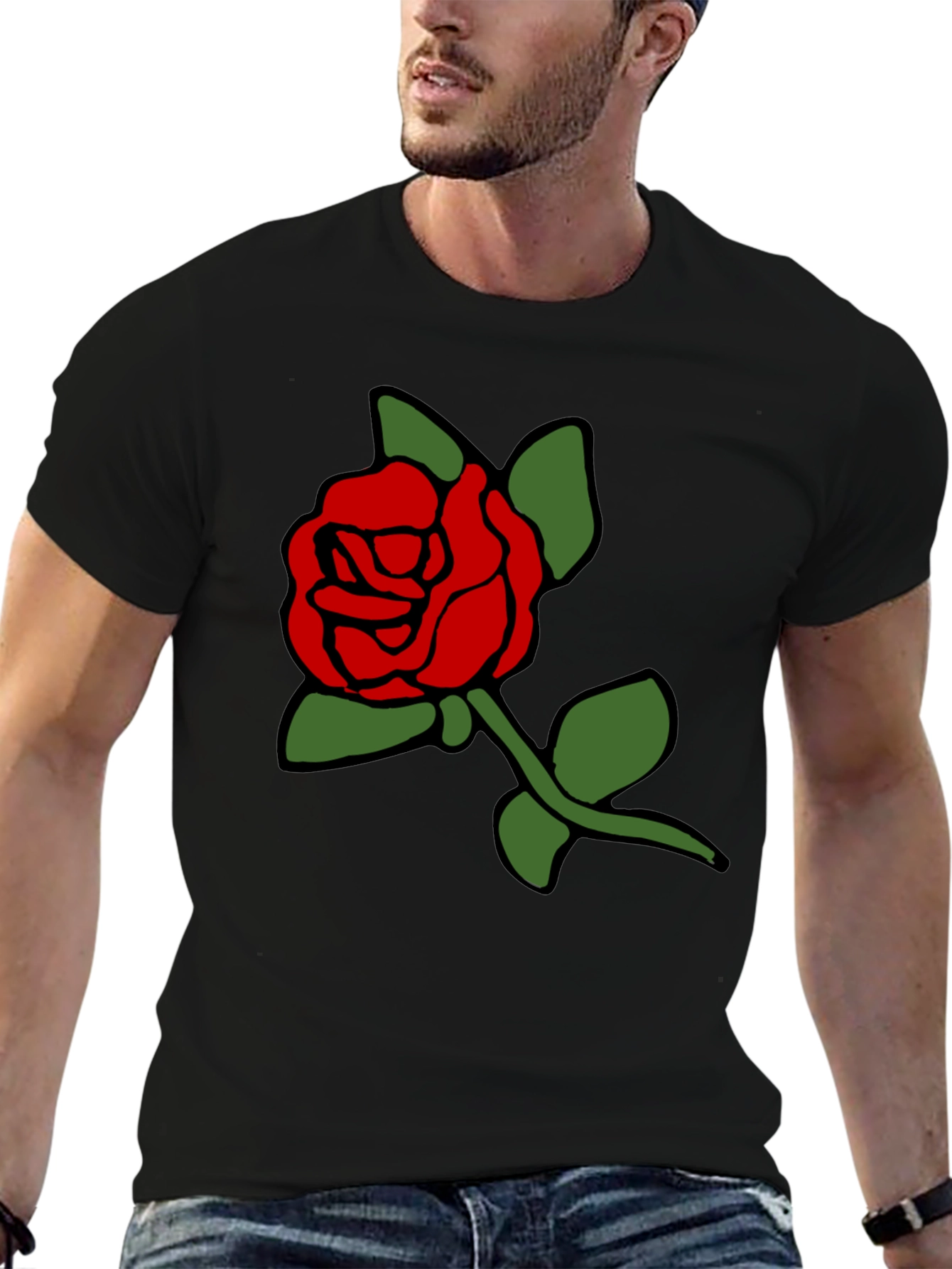 Black T-Shirt with Bold Red Rose Graphic