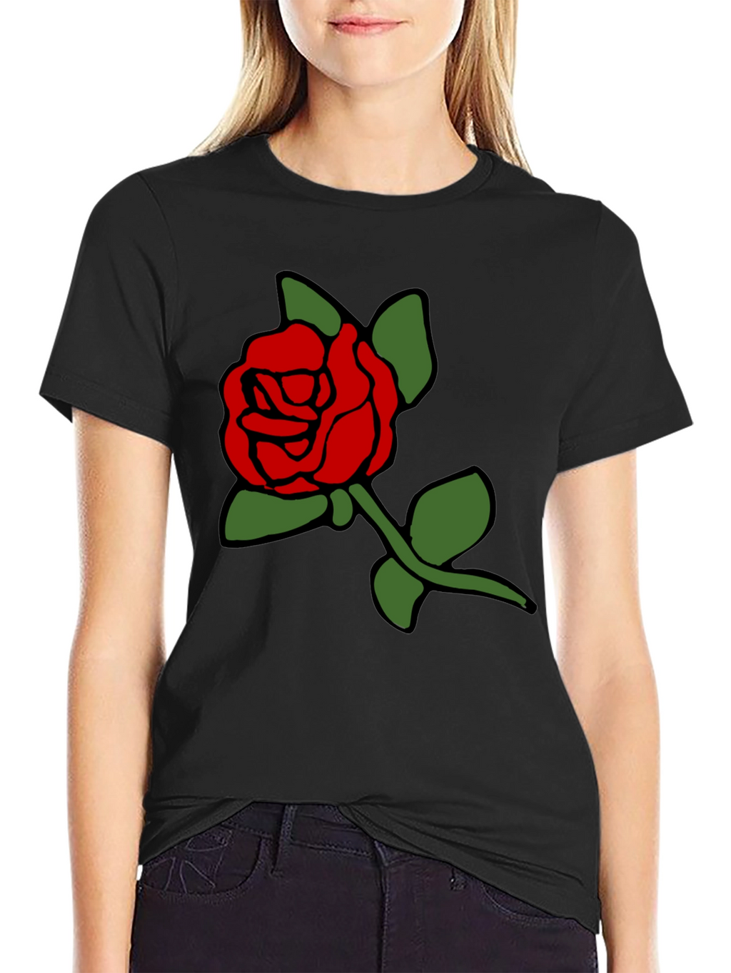 Black T-Shirt with Bold Red Rose Graphic