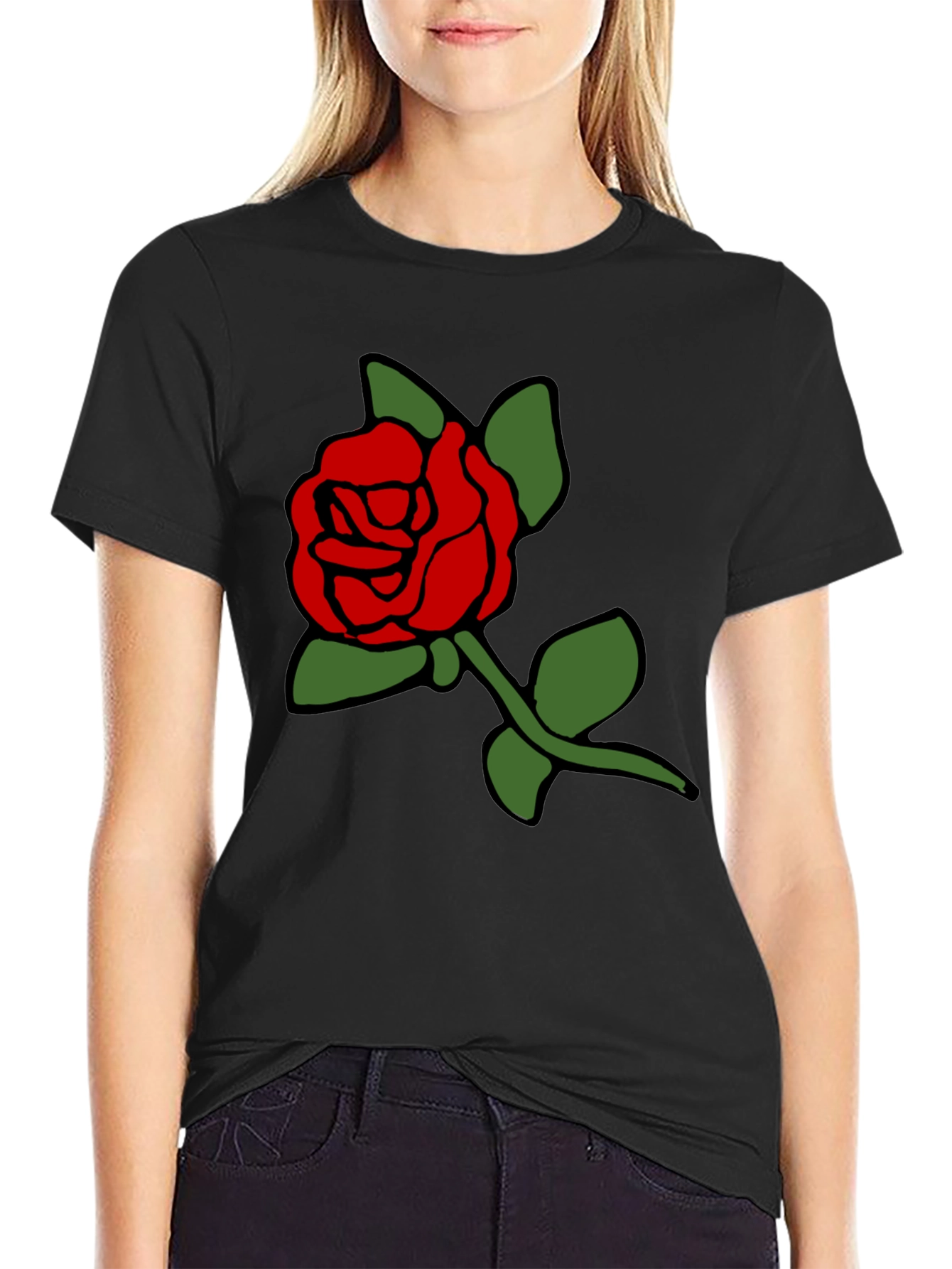 Black T-Shirt with Bold Red Rose Graphic