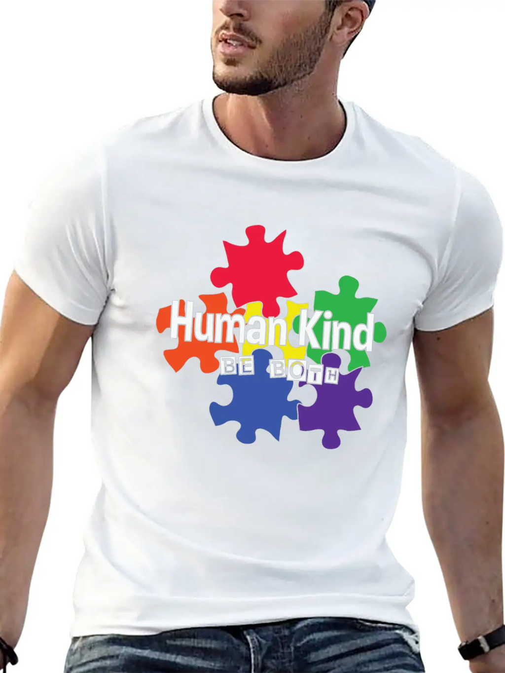 Human Kind Be Both - Autism Acceptance Unisex Short Sleeve Soft Cotton T-Shirt – Casual Everyday Wear
