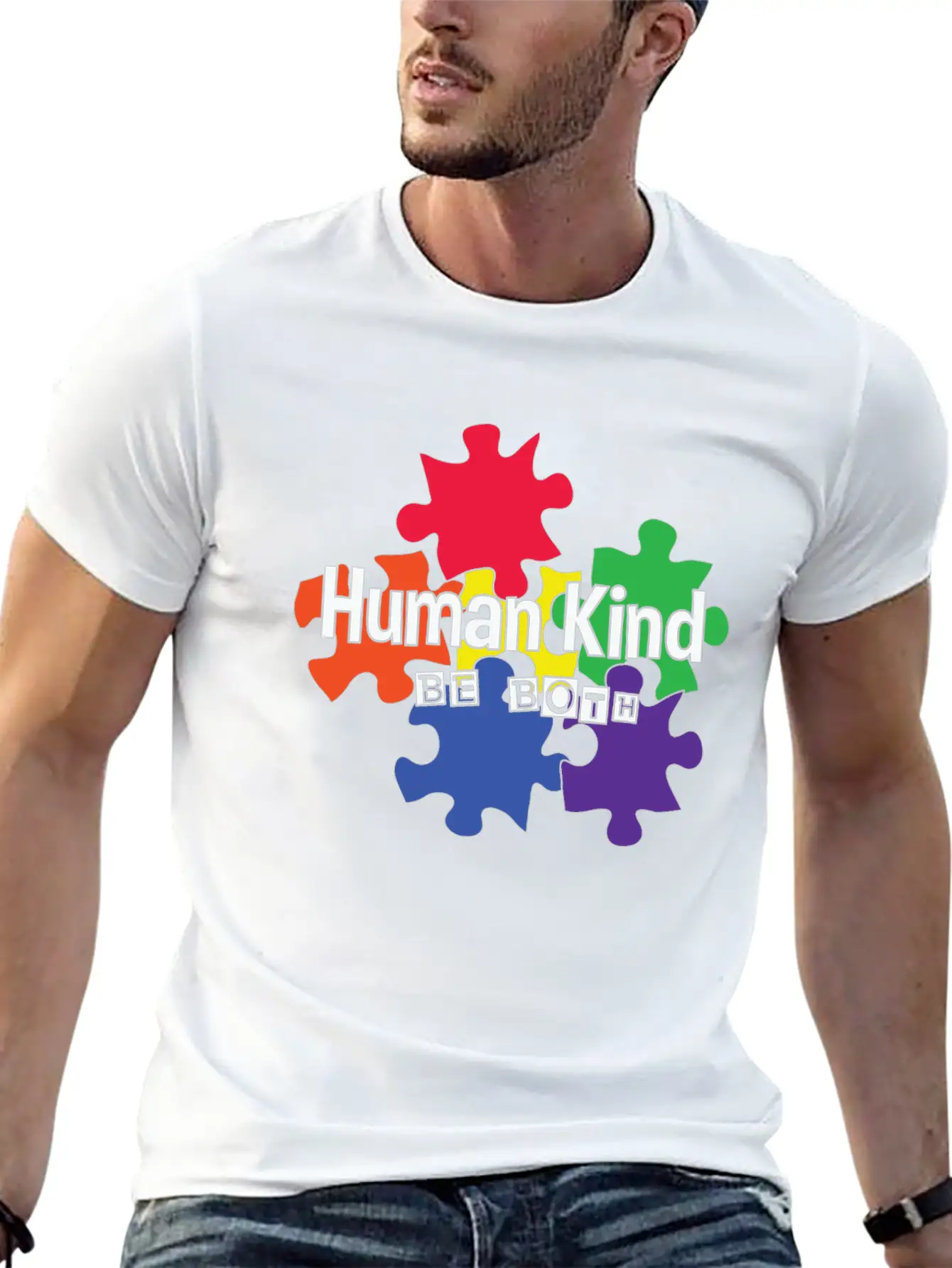 Human Kind Be Both - Autism Acceptance Unisex Short Sleeve Soft Cotton T-Shirt – Casual Everyday Wear