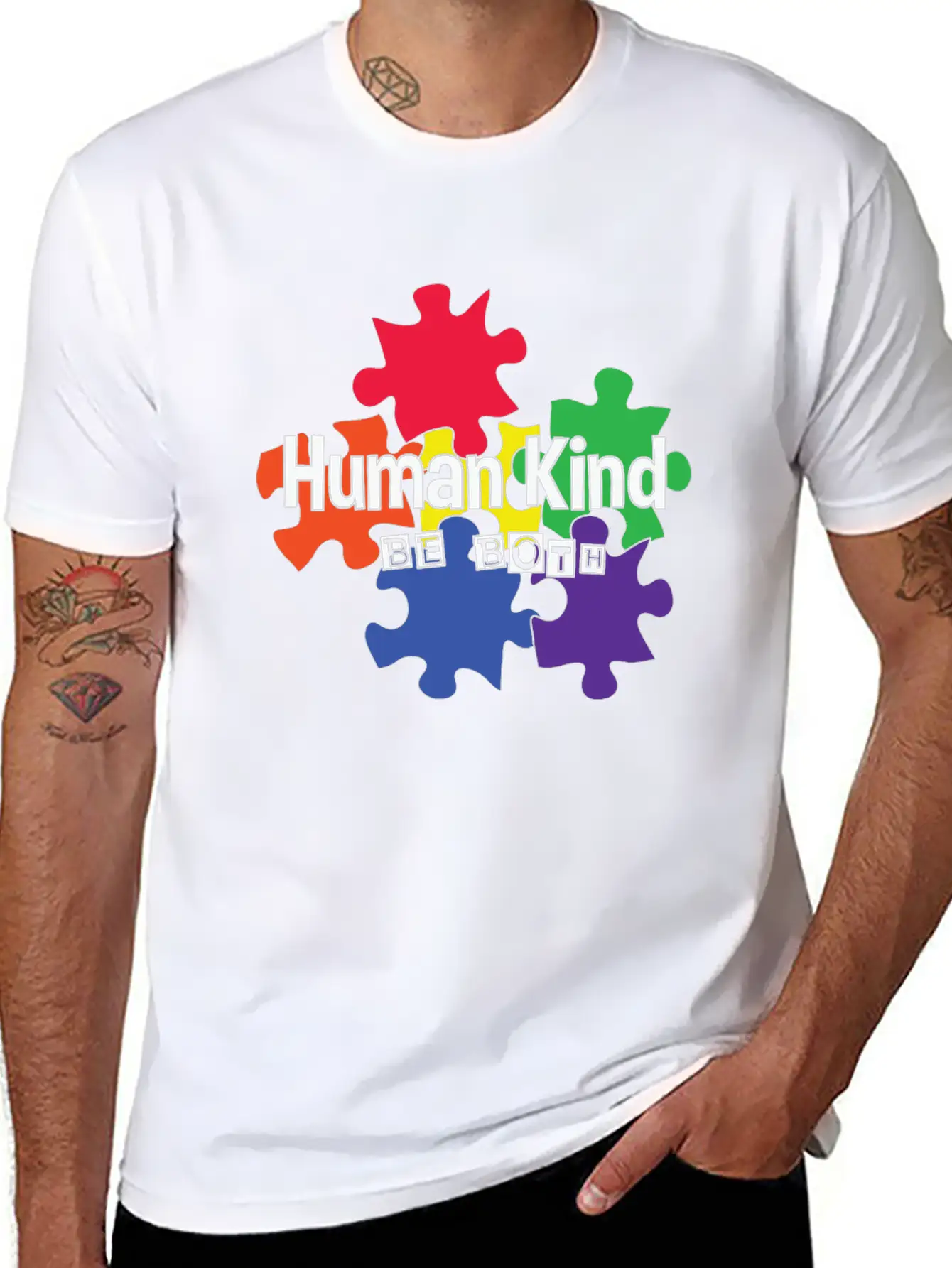 Human Kind Be Both - Autism Acceptance Unisex Short Sleeve Soft Cotton T-Shirt – Casual Everyday Wear