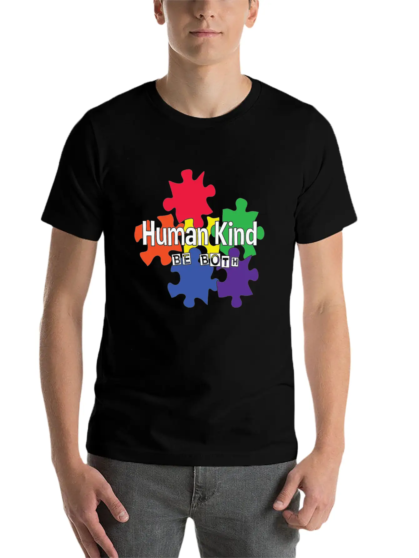 Human Kind Be Both - Autism Acceptance Unisex Short Sleeve Soft Cotton T-Shirt – Casual Everyday Wear