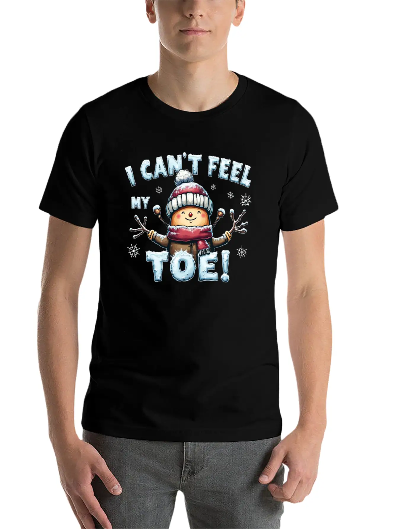 I Can't Feel My Toe! Funny Snowman Design Unisex Short Sleeve Soft Cotton T-Shirt – Casual Everyday Wear