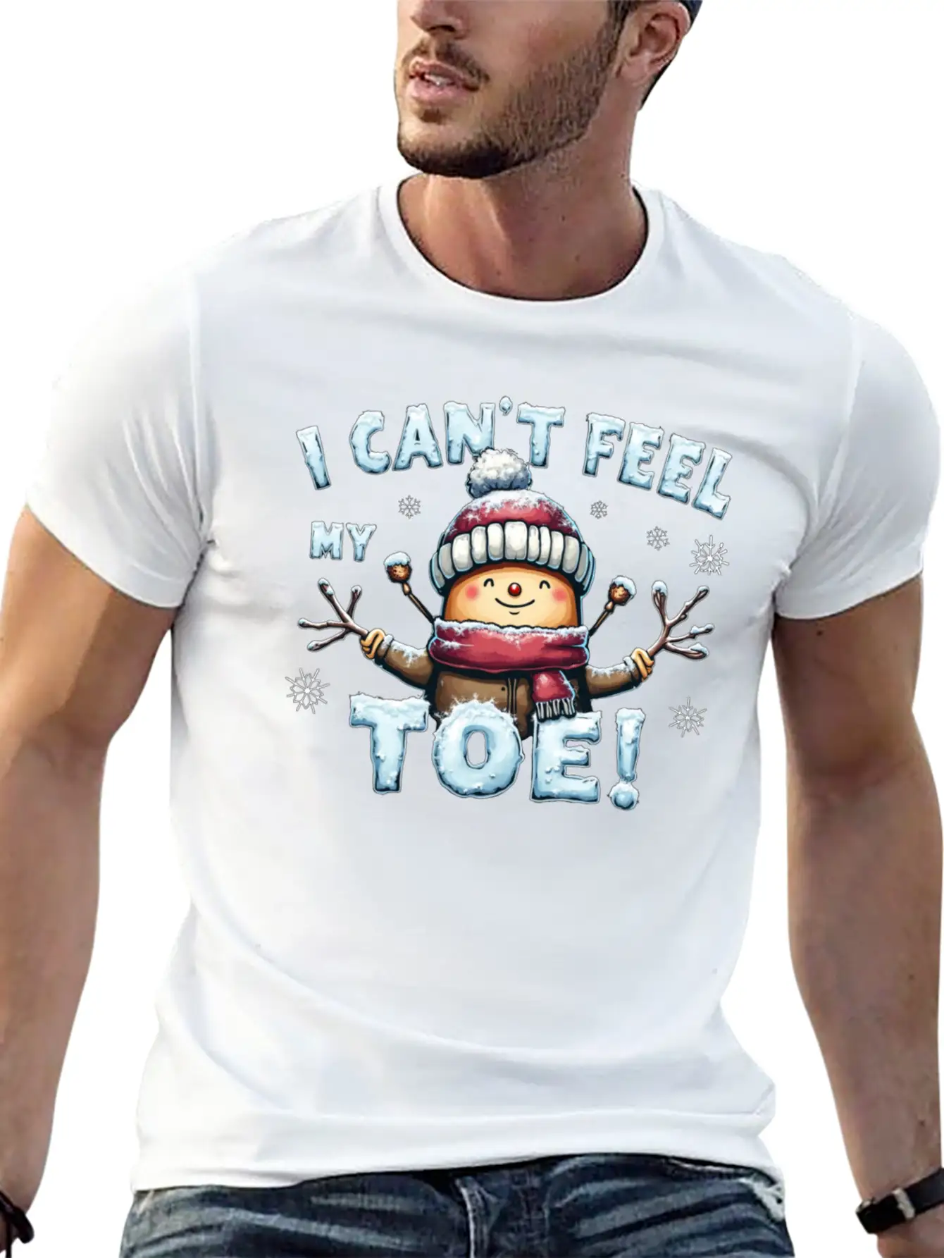 I Can't Feel My Toe! Funny Snowman Design Unisex Short Sleeve Soft Cotton T-Shirt – Casual Everyday Wear