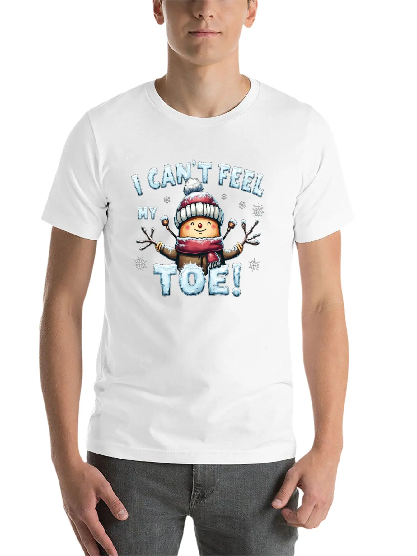 I Can't Feel My Toe! Funny Snowman Design Unisex Short Sleeve Soft Cotton T-Shirt – Casual Everyday Wear