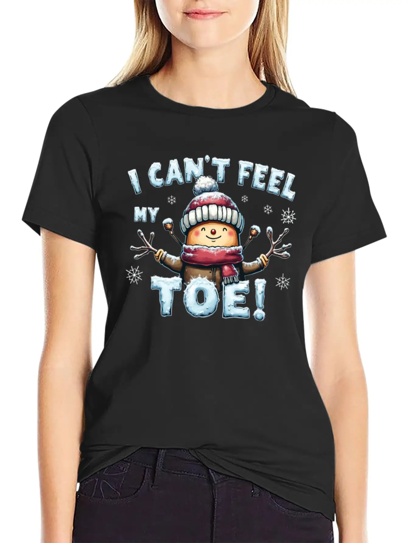 I Can't Feel My Toe! Funny Snowman Design Unisex Short Sleeve Soft Cotton T-Shirt – Casual Everyday Wear