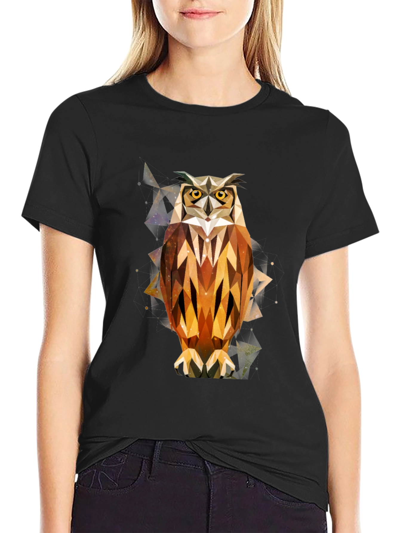 Geometric Owl Print Black T-Shirt