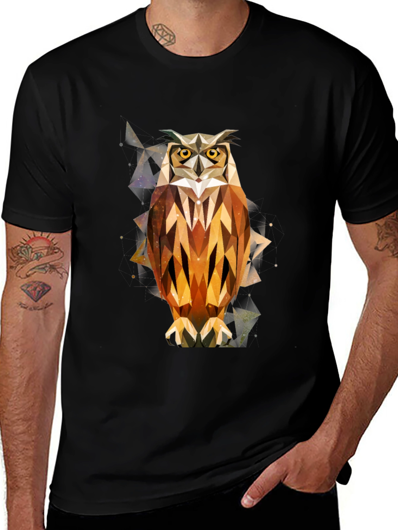 Geometric Owl Print Black T-Shirt