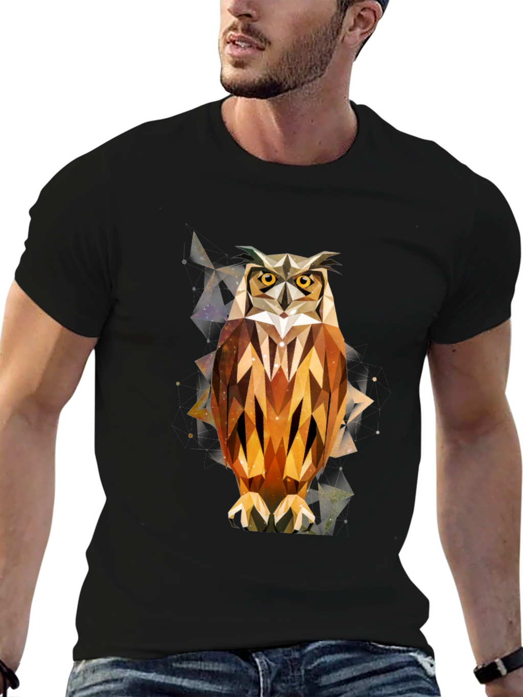 Geometric Owl Print Black T-Shirt