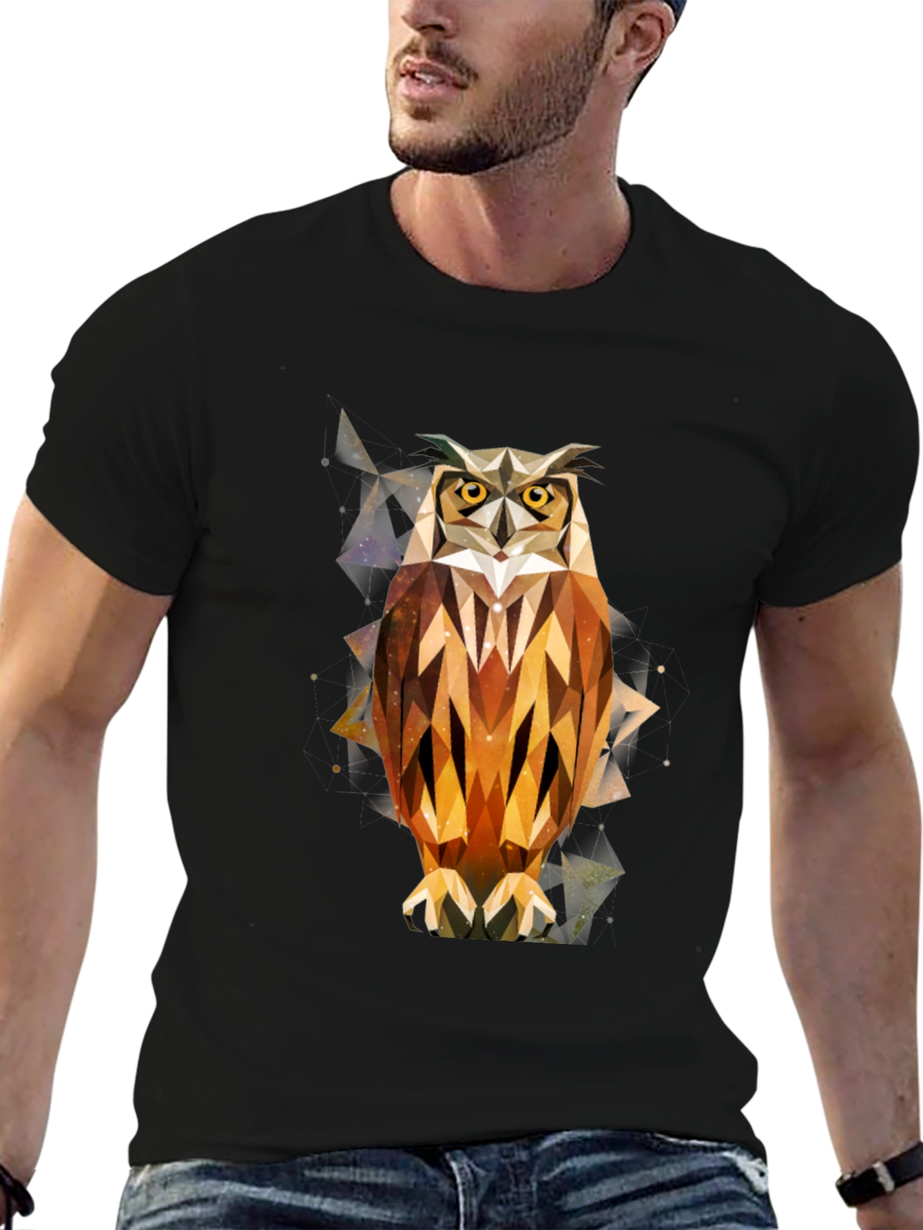 Geometric Owl Print Black T-Shirt