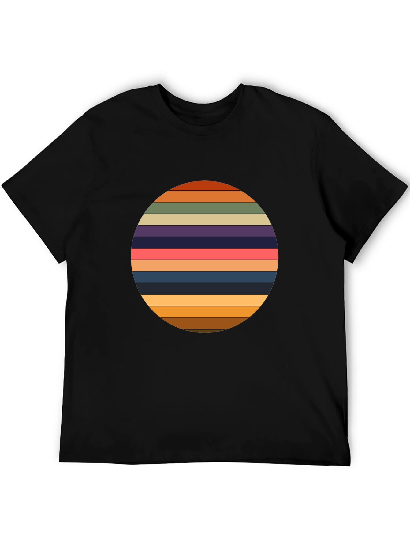 Retro Striped Circle Graphic Tee - Black Casual T-Shirt