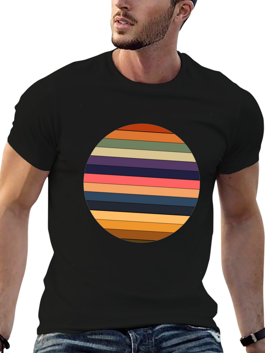 Retro Striped Circle Graphic Tee - Black Casual T-Shirt