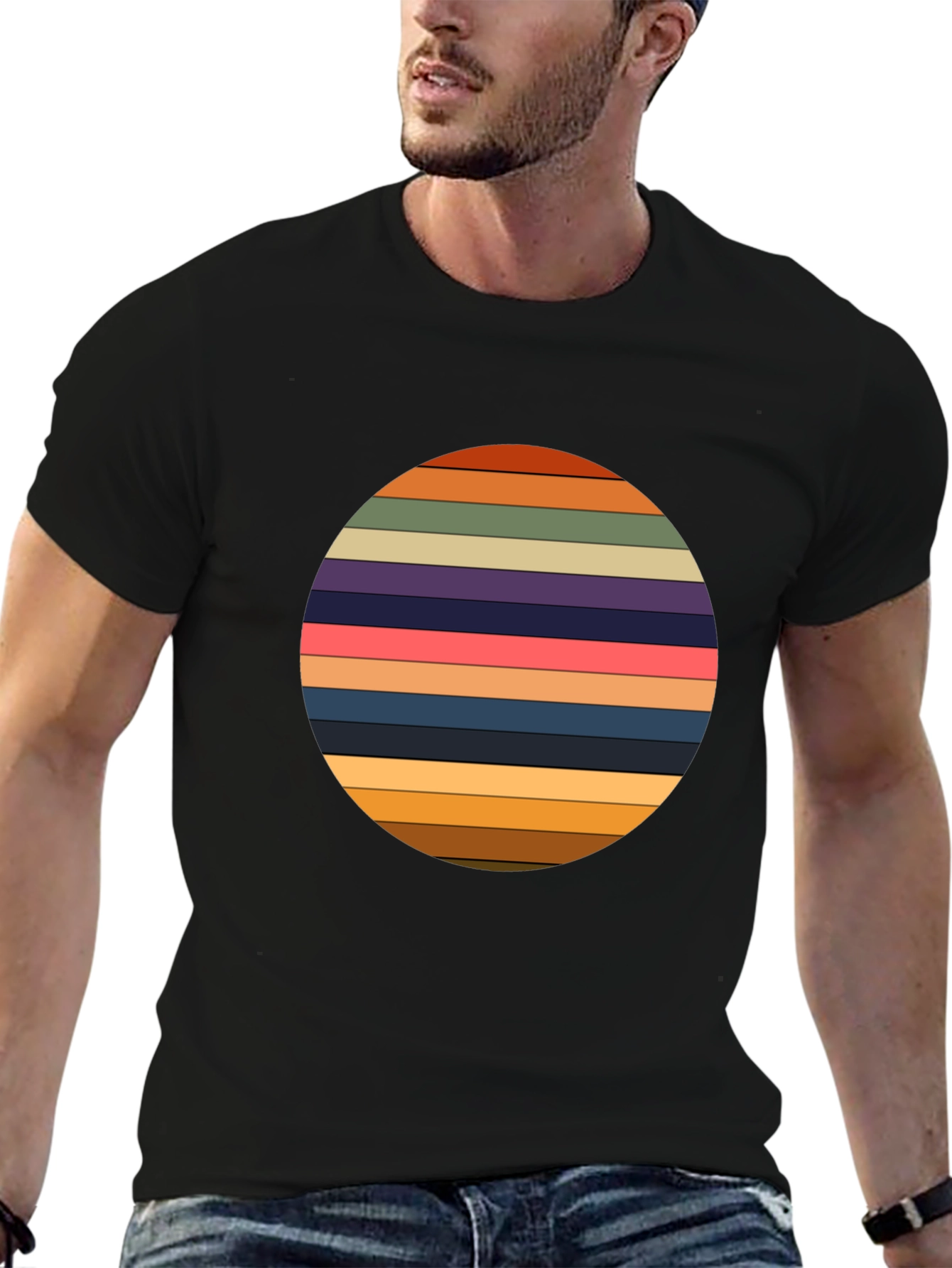 Retro Striped Circle Graphic Tee - Black Casual T-Shirt