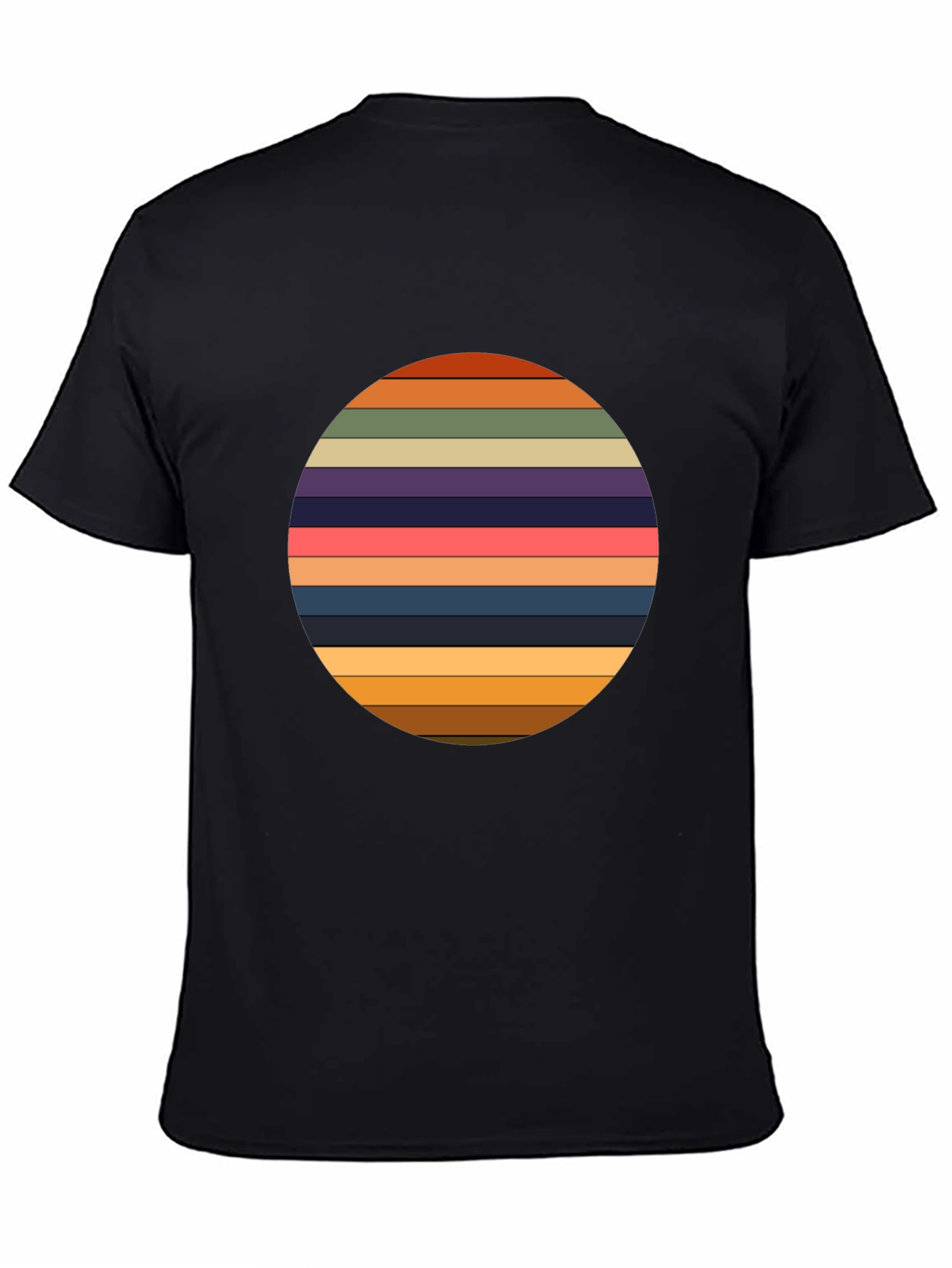 Retro Striped Circle Graphic Tee - Black Casual T-Shirt