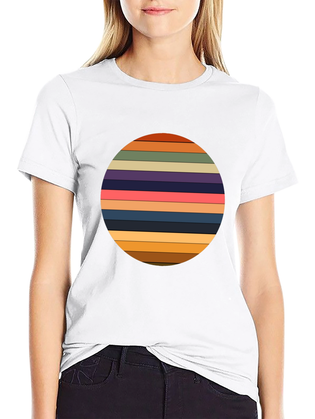 Retro Striped Circle Graphic Tee - Black Casual T-Shirt