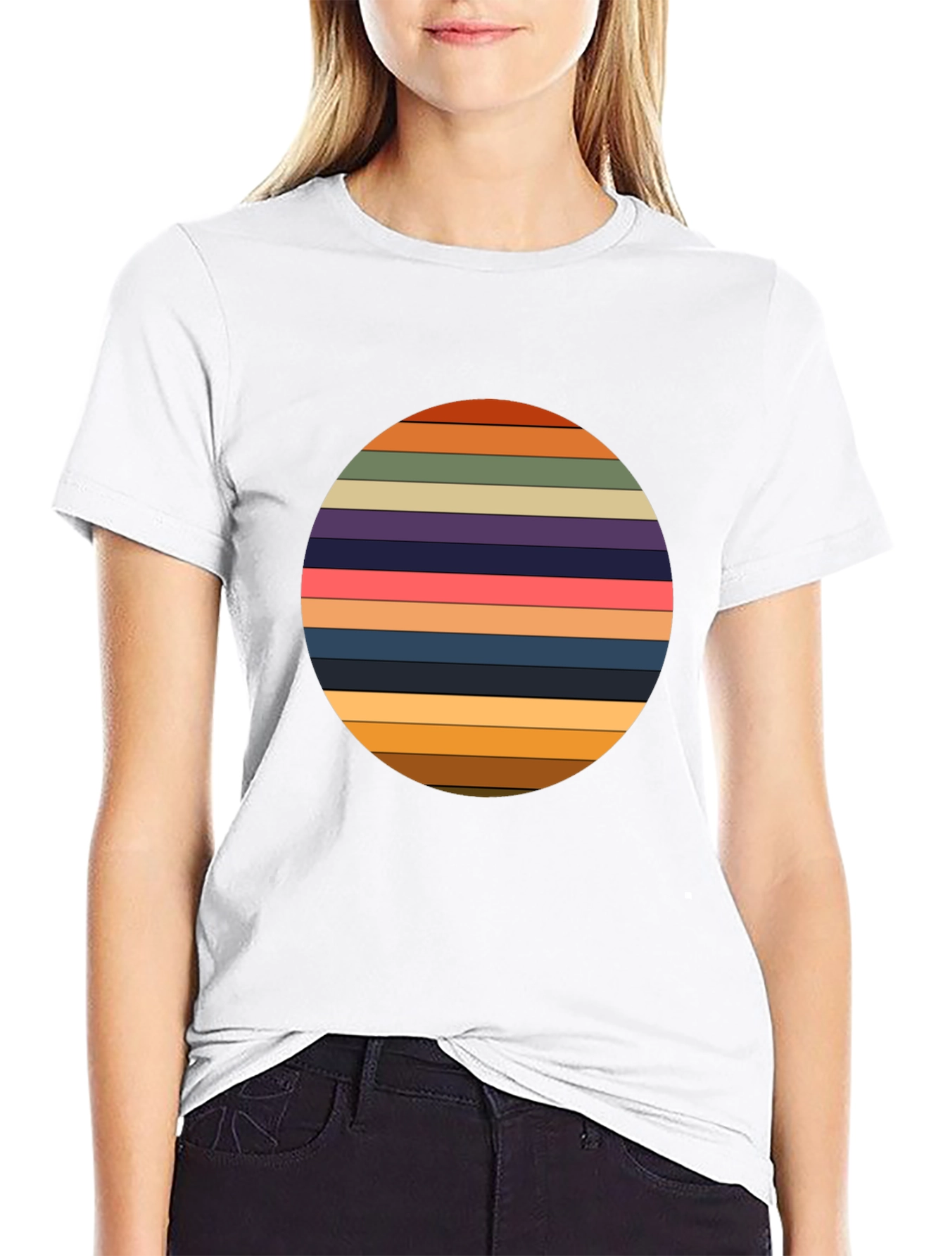 Retro Striped Circle Graphic Tee - Black Casual T-Shirt