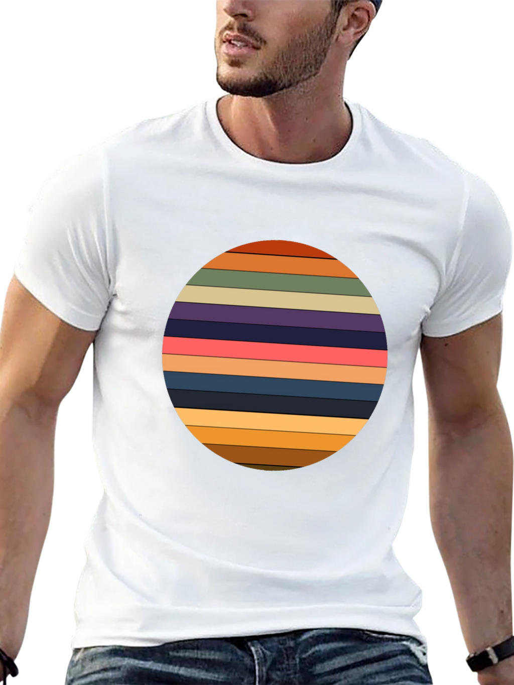 Retro Striped Circle Graphic Tee - Black Casual T-Shirt