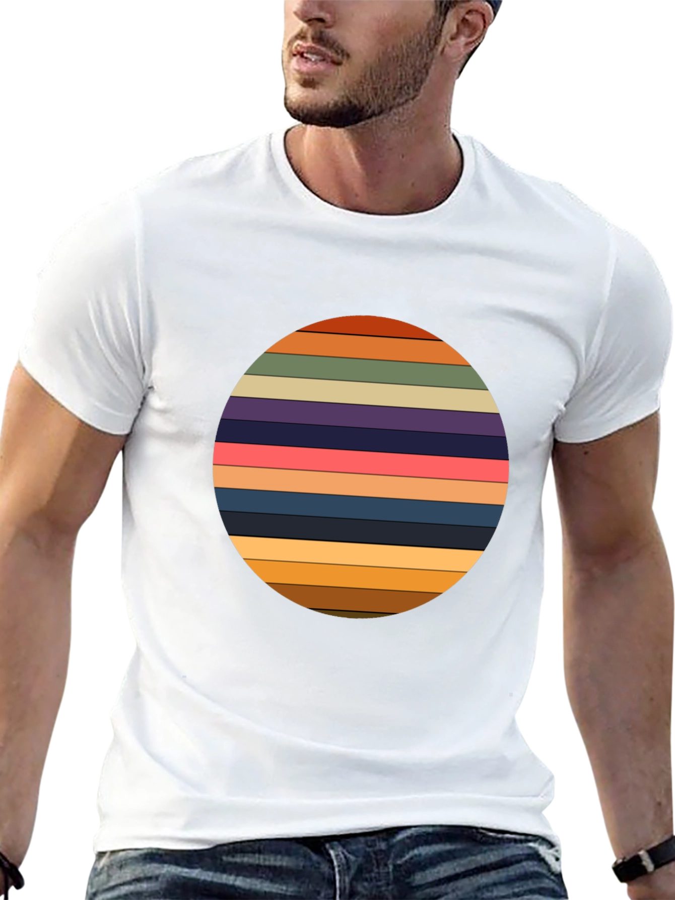 Retro Striped Circle Graphic Tee - Black Casual T-Shirt