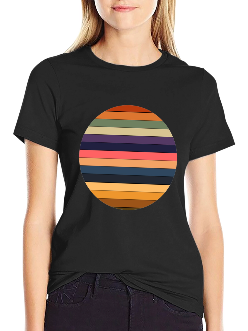 Retro Striped Circle Graphic Tee - Black Casual T-Shirt