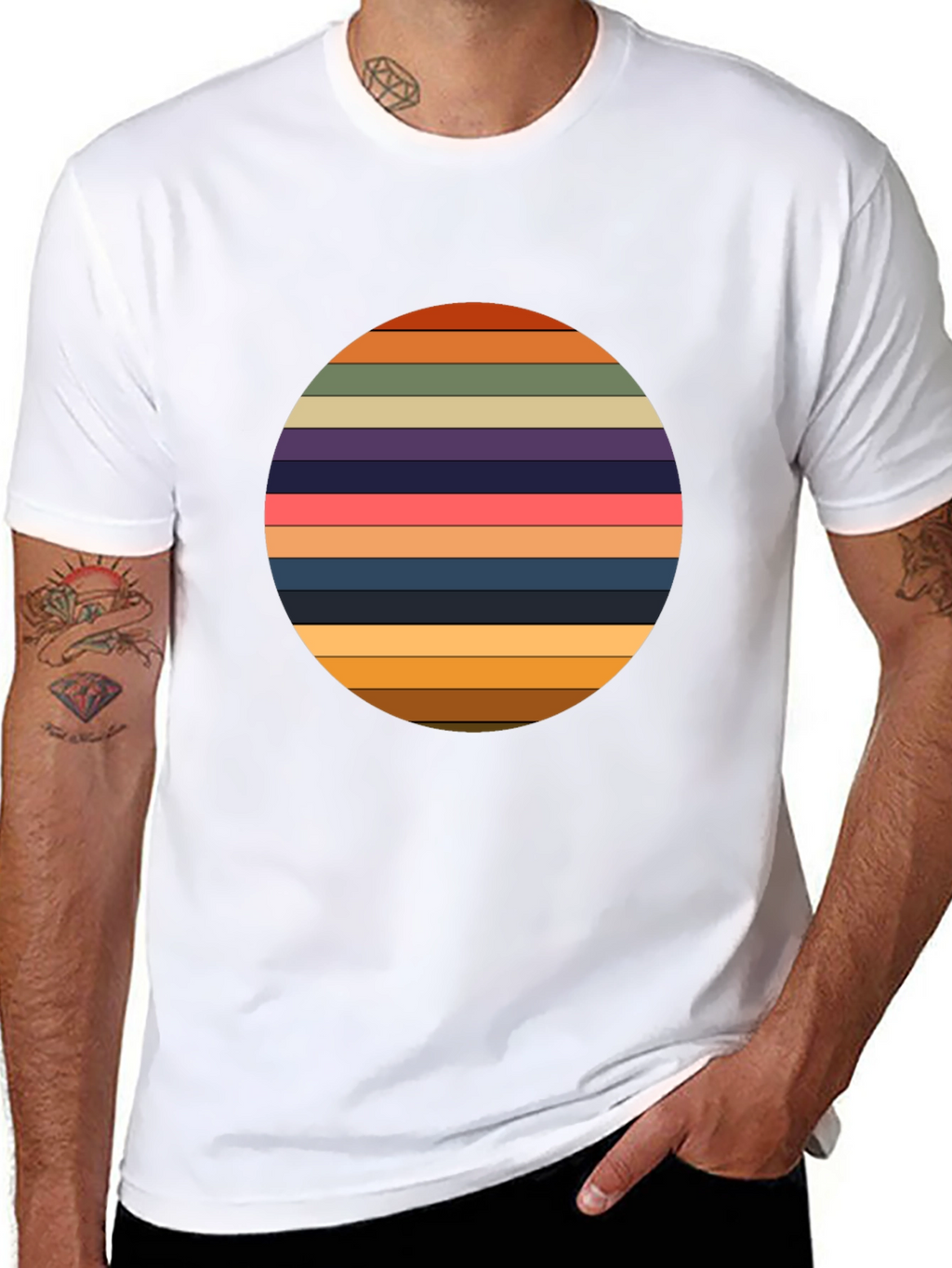 Retro Striped Circle Graphic Tee - Black Casual T-Shirt