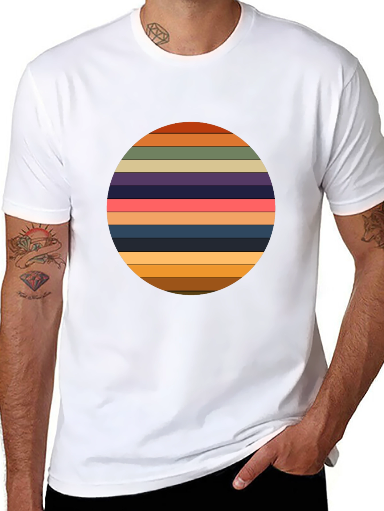Retro Striped Circle Graphic Tee - Black Casual T-Shirt