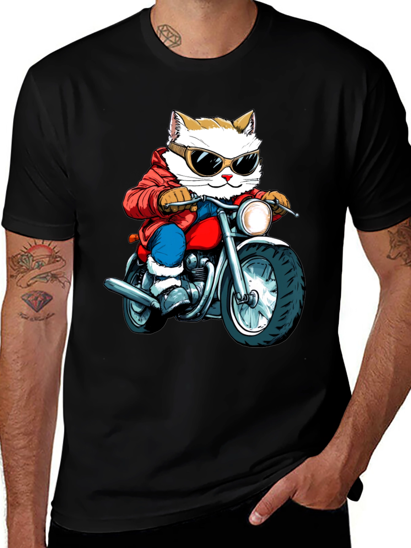 Cat Biker Graphic Tee - Cool Novelty T-Shirt