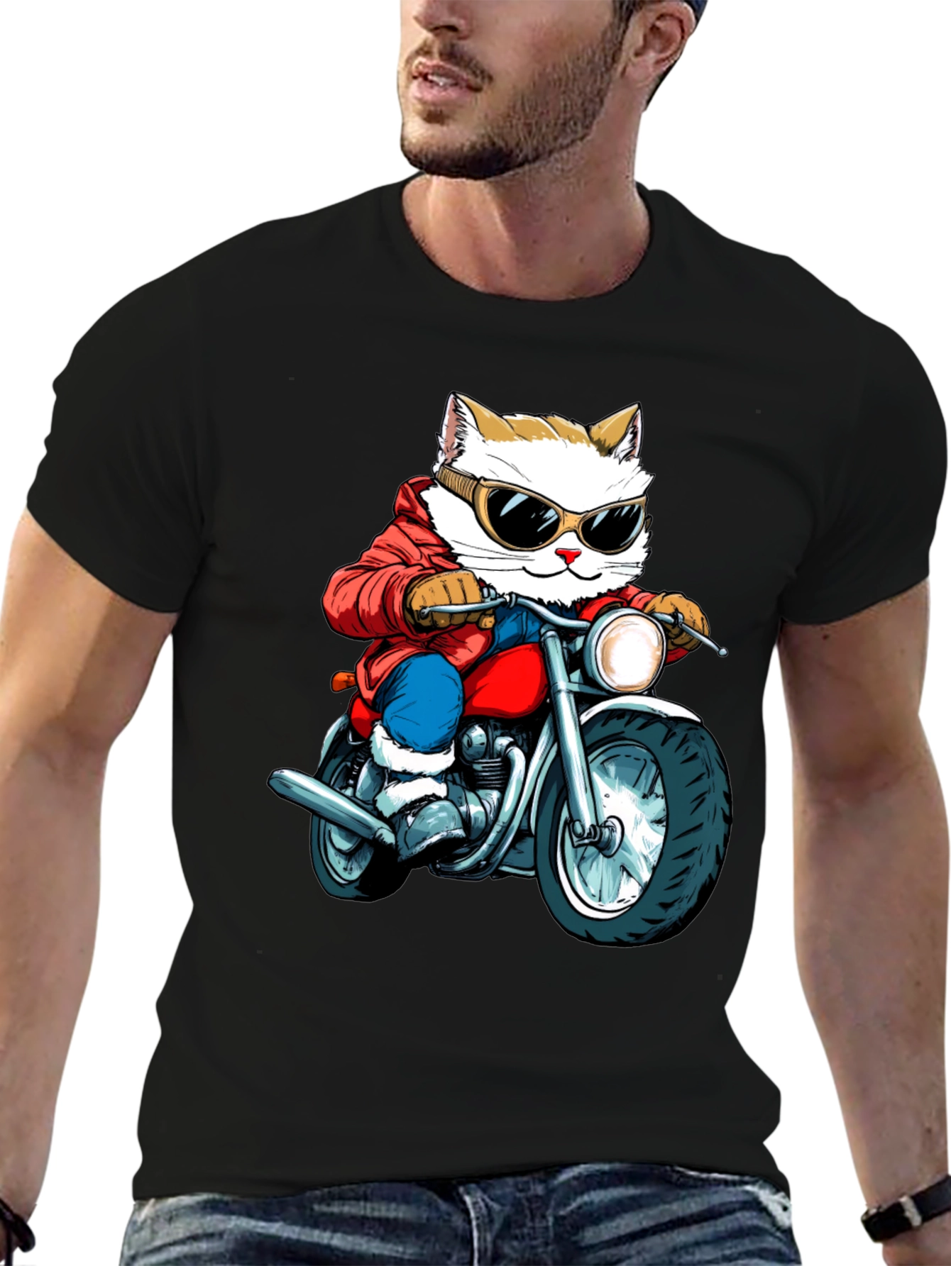 Cat Biker Graphic Tee - Cool Novelty T-Shirt
