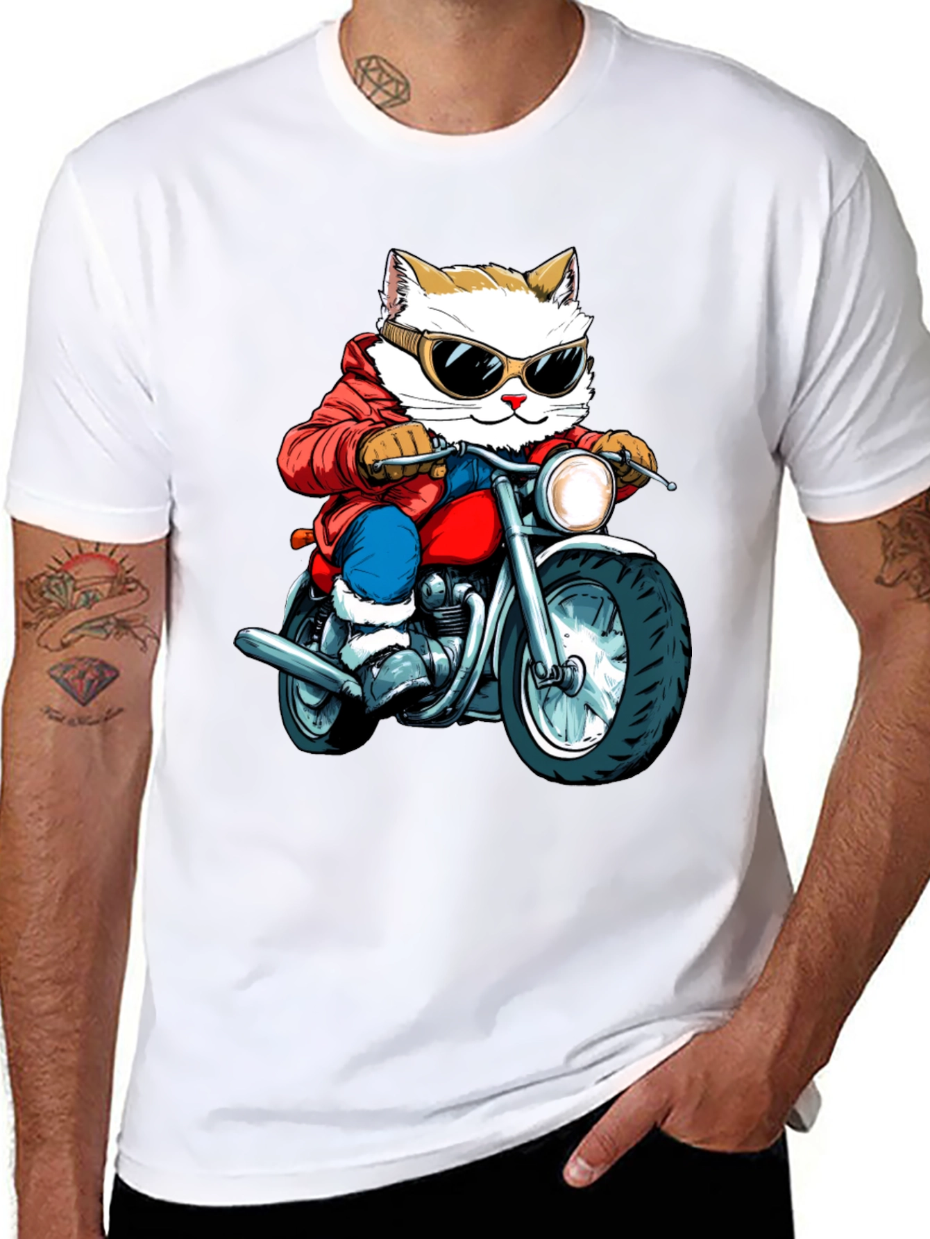 Cat Biker Graphic Tee - Cool Novelty T-Shirt